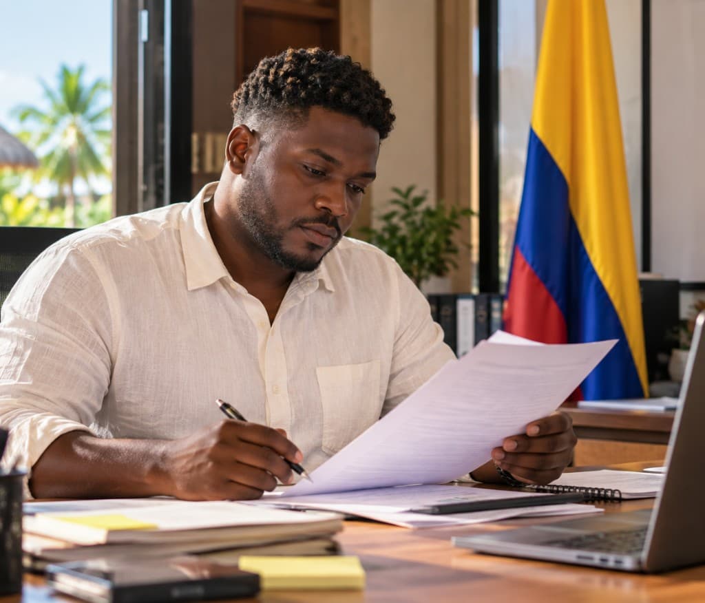 Hombre afrocolombiano revisa y firma documentos en su oficina, con la bandera de Colombia al fondo.
